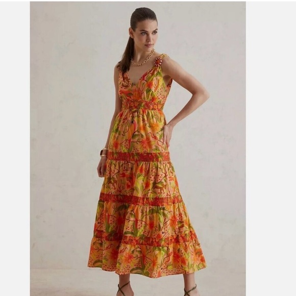 Anthropologie Farm Rio Tropical Tiered Maxi Dress Beaded V Neck Midi Size Small - Picture 1 of 5